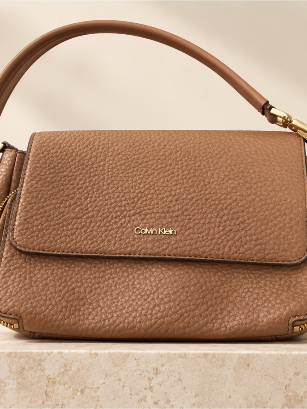 Calvin Klein Pebbled Shoulder Bag in Cognac Brown